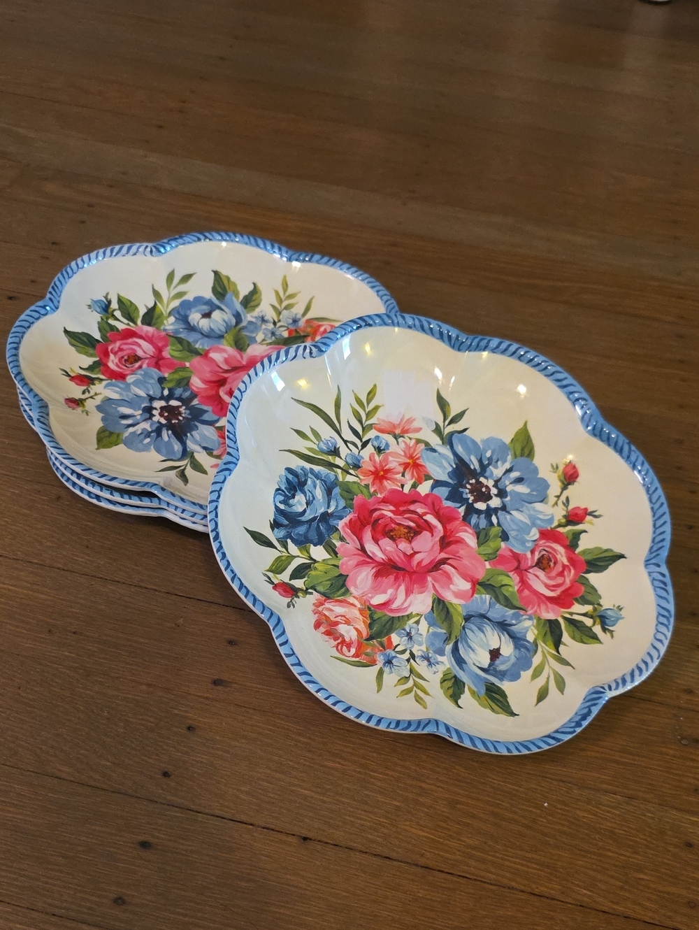 Shabby Chic Melamine Set Of 4: Pink, Blue & Green Floral Scalloped 9" Plate